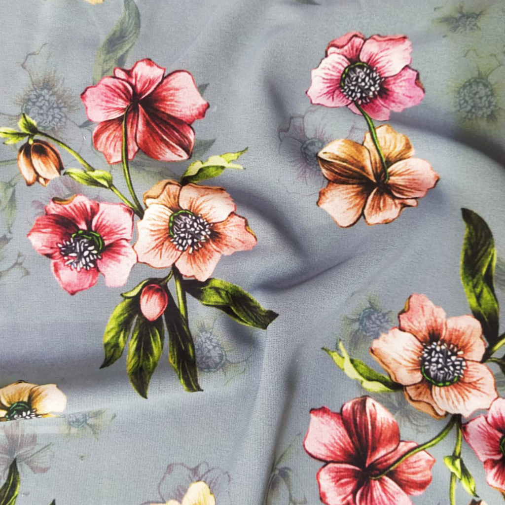 Floral Printed Fabric Material Floral Modal Satin Blue