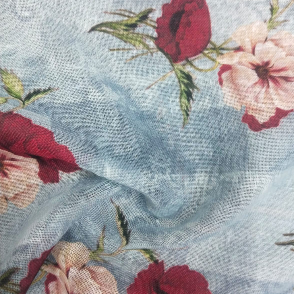 Floral Printed Fabric Material Floral Linen Blue