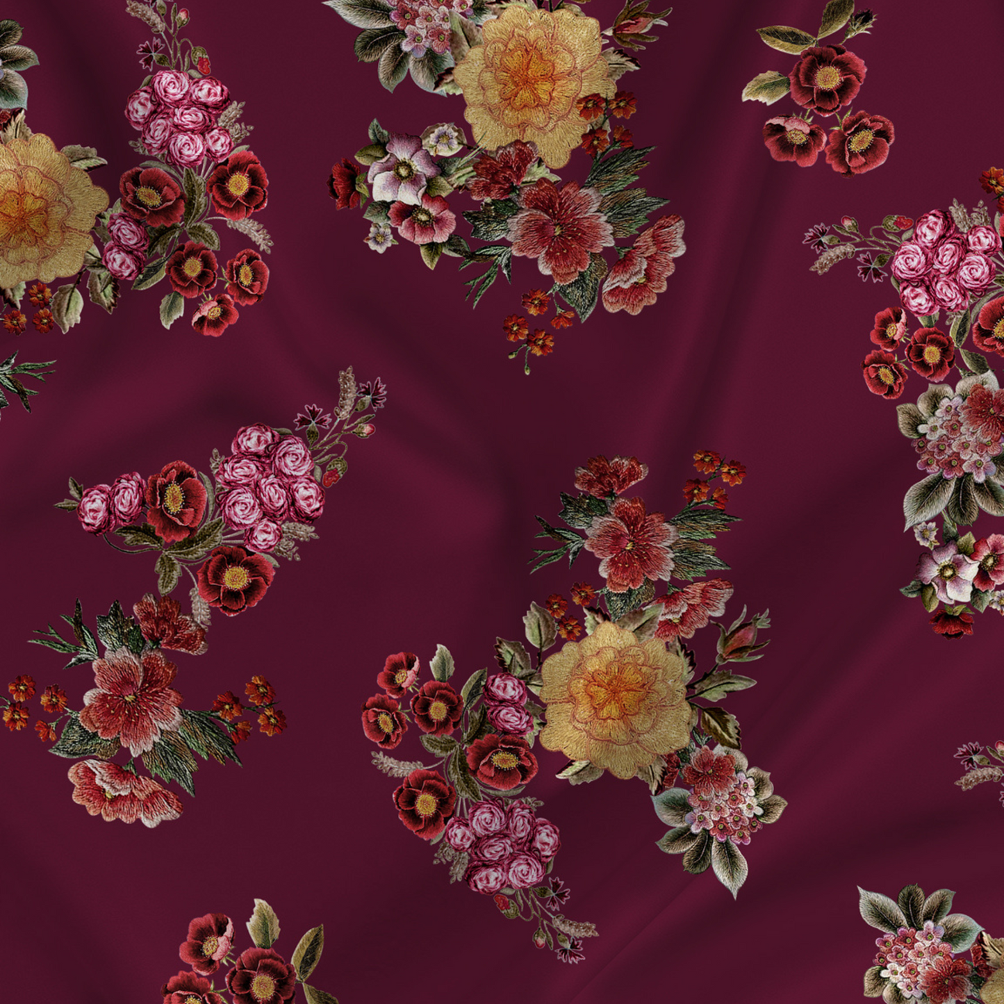 Floral Printed Fabric Material Floral Modal Satin Maroon