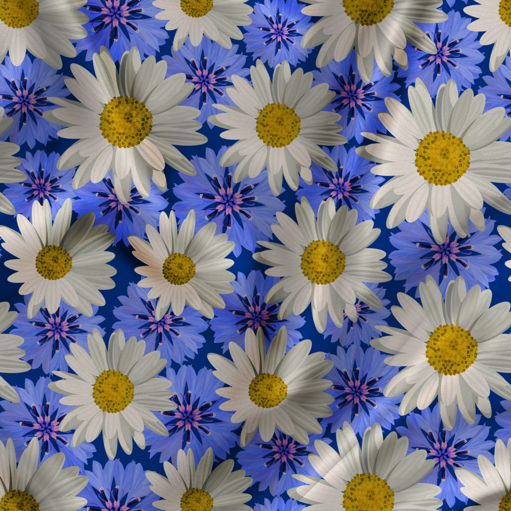 Daisy Floral Printed Fabric Material Floral Softy Satin Blue