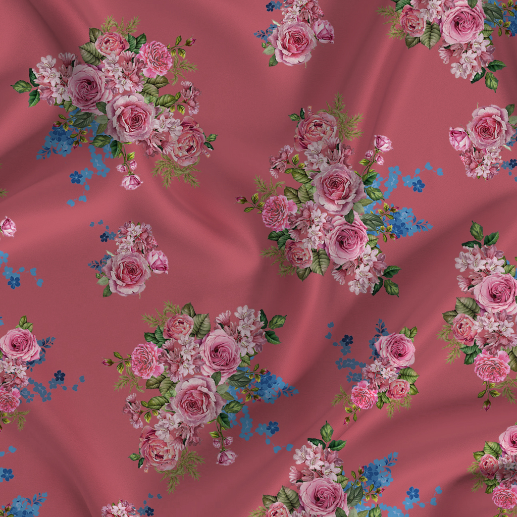 Floral Printed Fabric Material Floral Softy Satin Pink