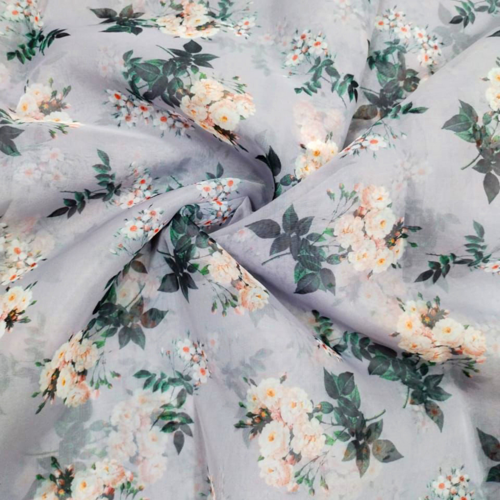 Floral Printed Fabric Material Floral Satin Georgette Blue