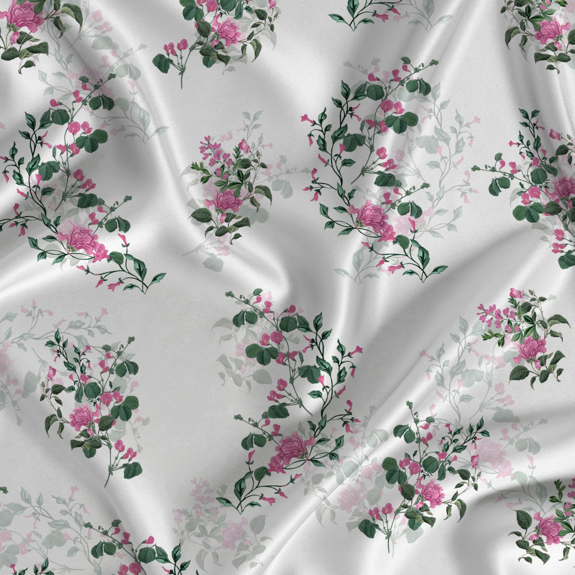 Floral Printed Fabric Material Floral Modal Satin White