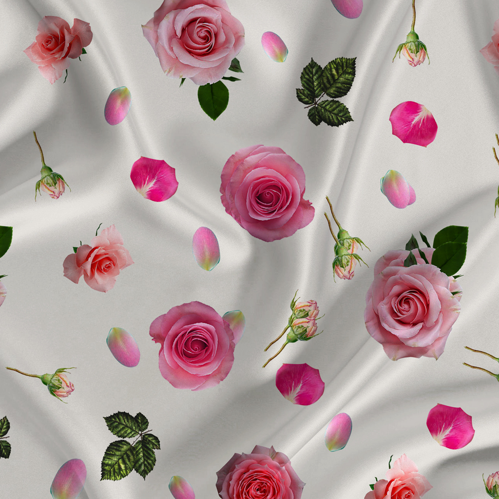 Floral Printed Fabric Material Floral Softy Satin Off White