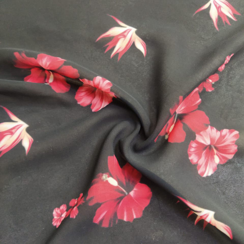 Floral Printed Fabric Material Floral Satin Gerogette Black