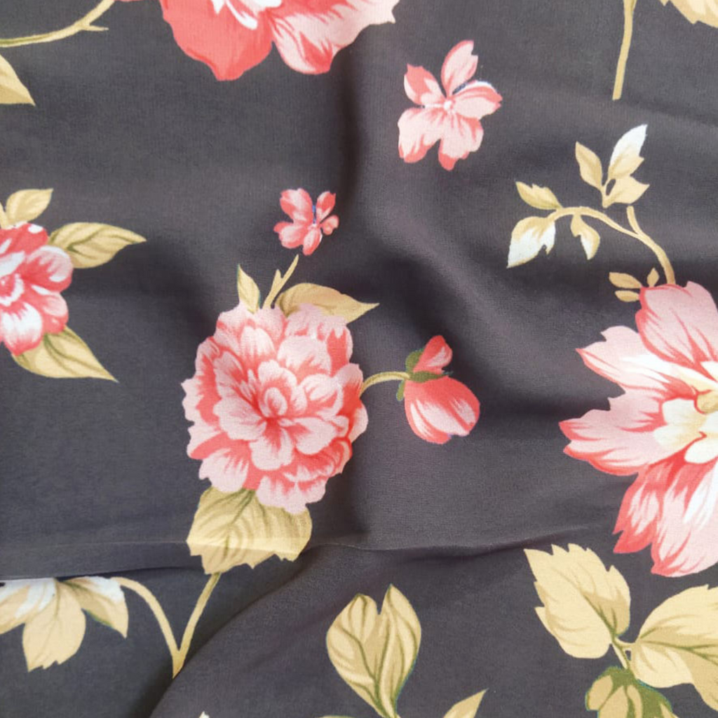 Floral Printed Fabric Material Floral Satin Gerogette Green