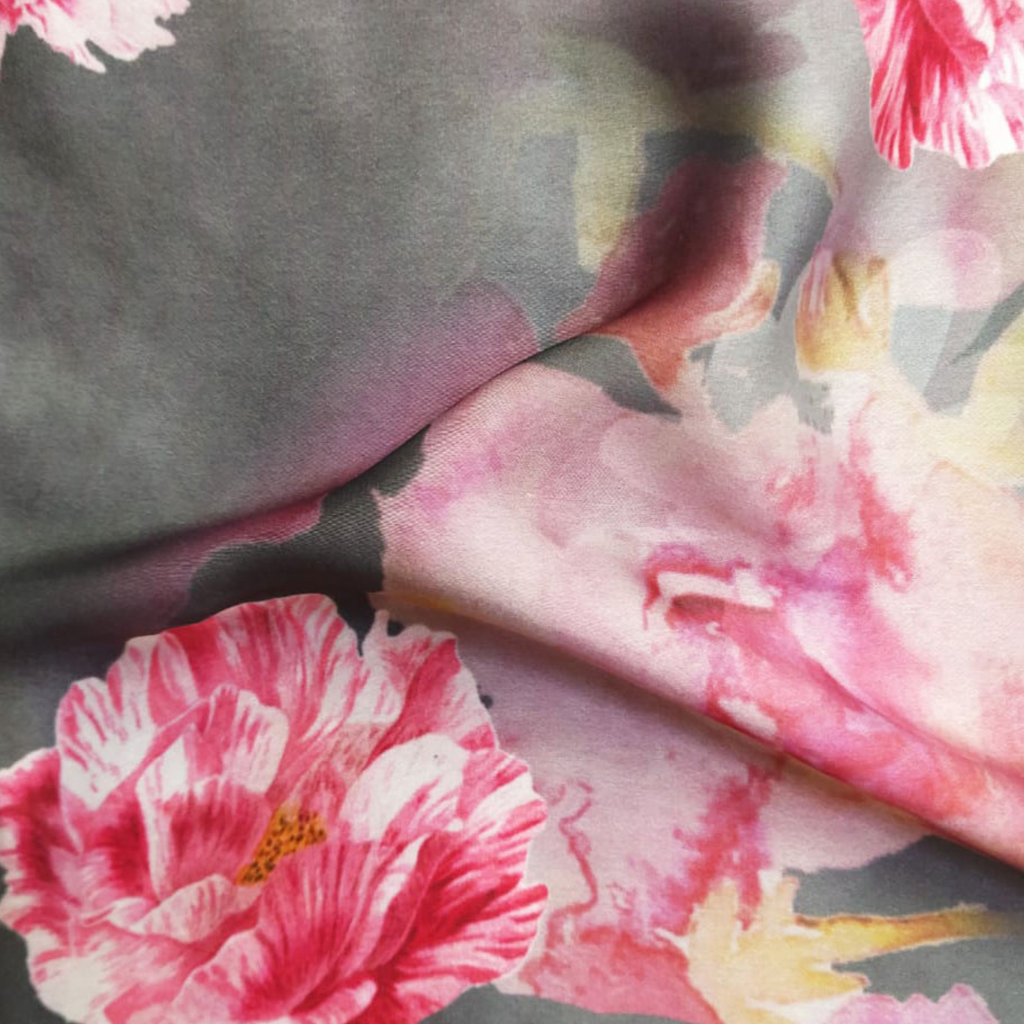 Floral Printed Fabric Material Floral Satin Gerogette Grey