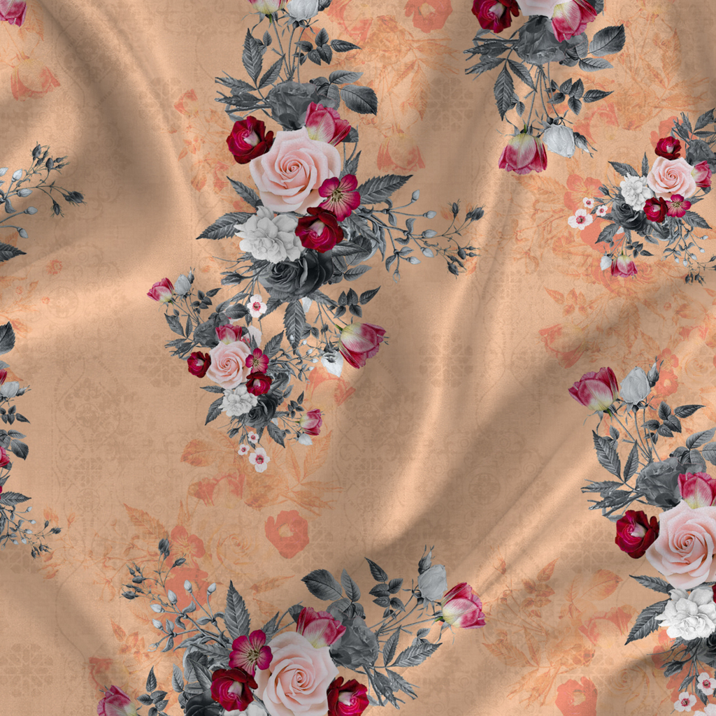 Floral Printed Fabric Material Floral Softy Satin Orange