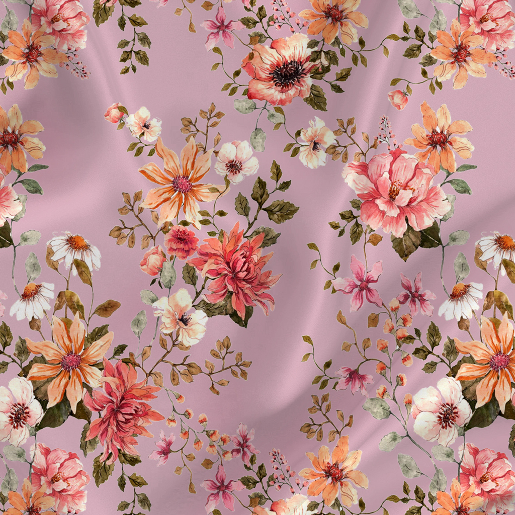 Floral Printed Fabric Material Floral Softy Satin Pink