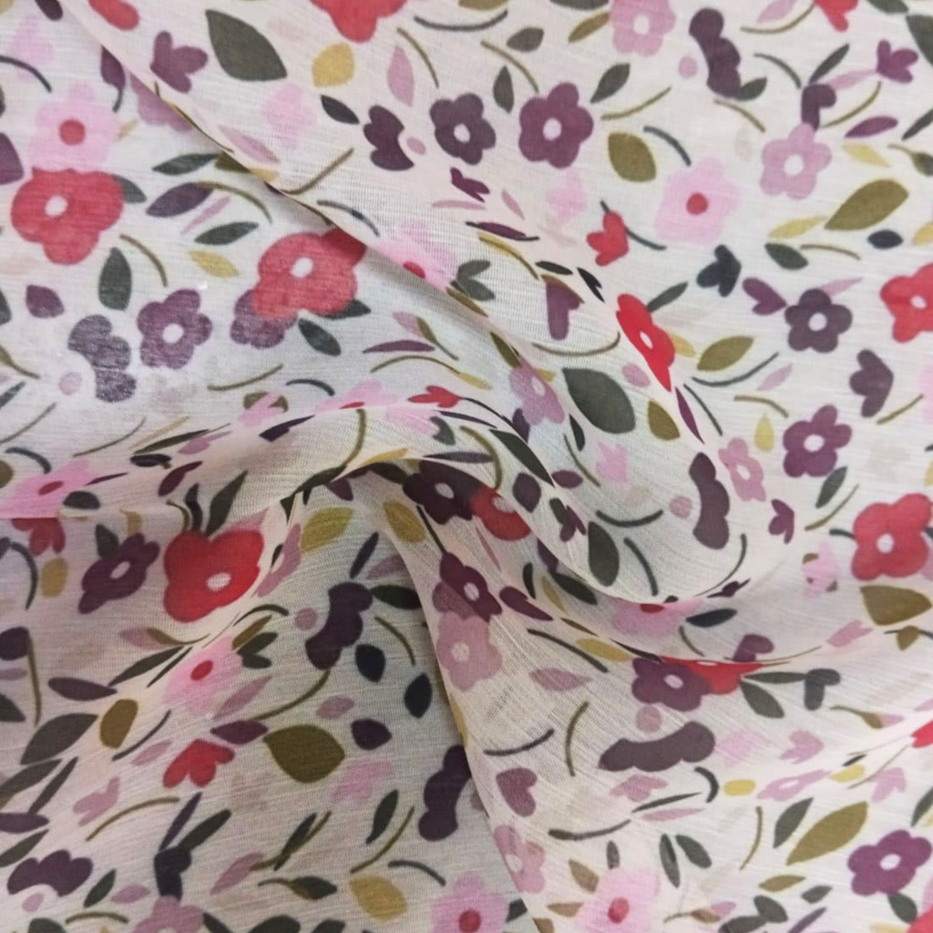 Ditsy Floral Printed Fabric Material Floral Chiffon Off White