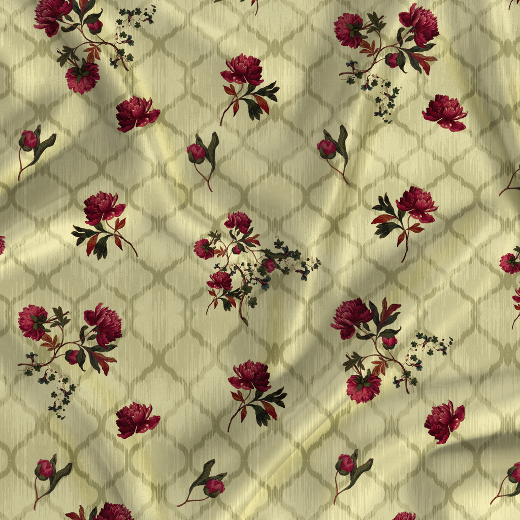 Floral Printed Fabric Material Floral Softy Satin Off White