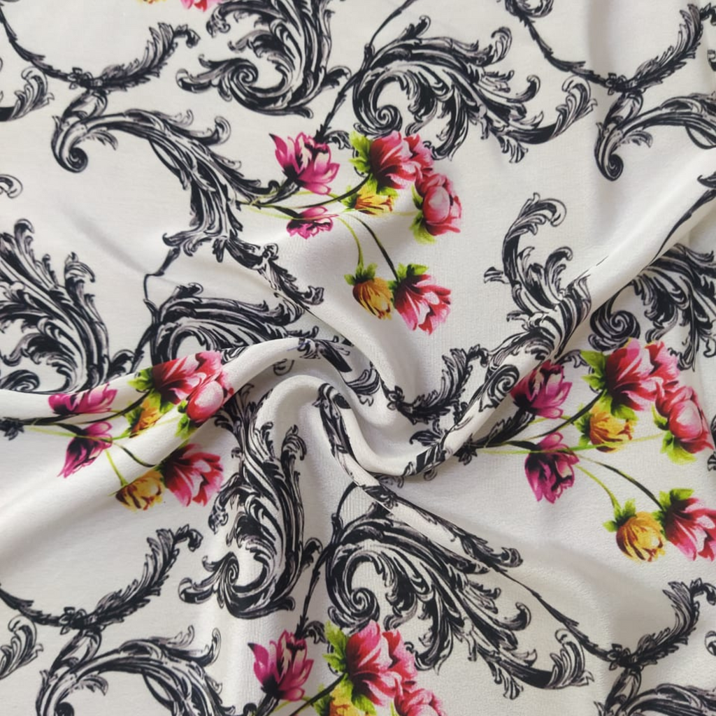 Floral Printed Fabric Material: Floral Softy Satin White