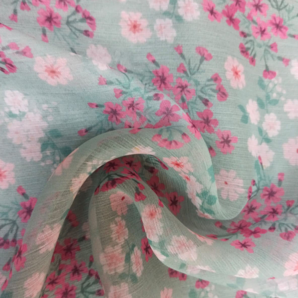 Ditsy Floral Printed Fabric Material Floral Chiffon Green