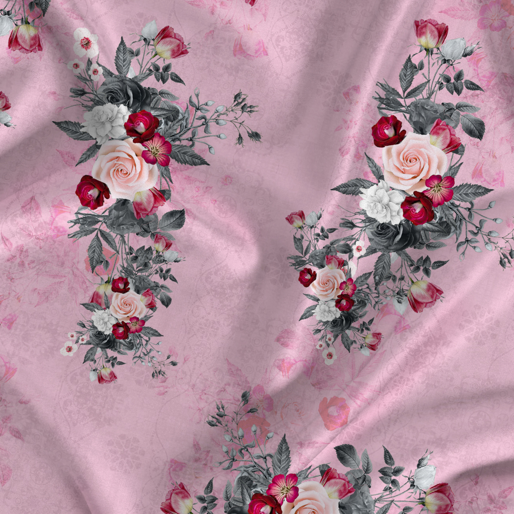 Floral Printed Fabric Material Floral Softy Satin Pink