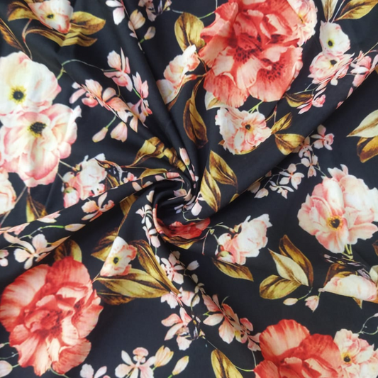 Floral Printed Fabric Material: Floral Satin Georgette Black