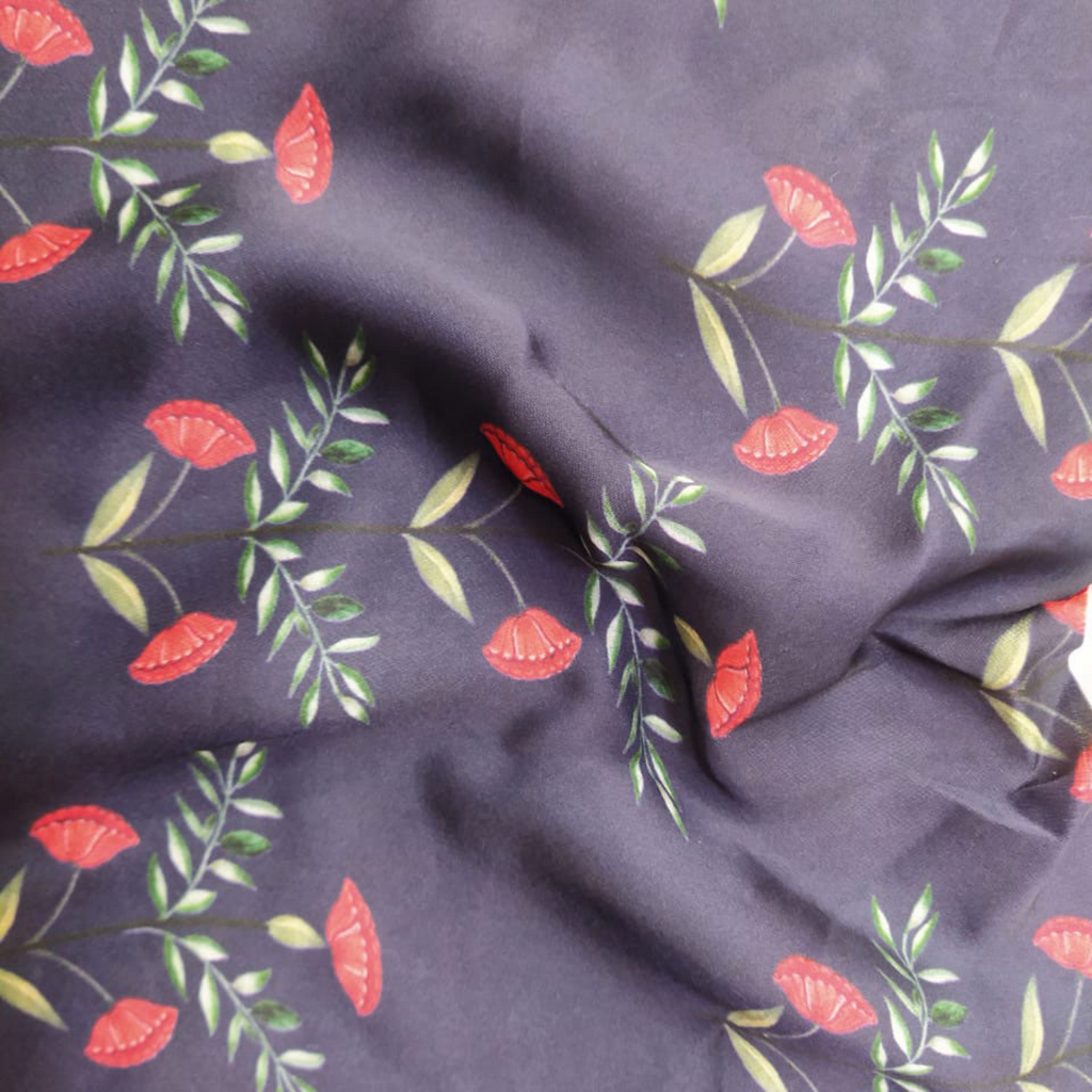 Floral Printed Fabric Material Floral Satin Gerogette Blue