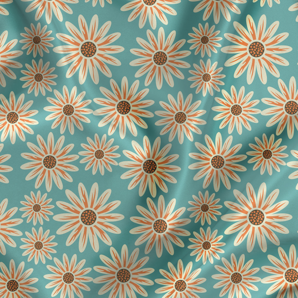 Daisy Floral Printed Fabric Material Floral Softy Satin Blue