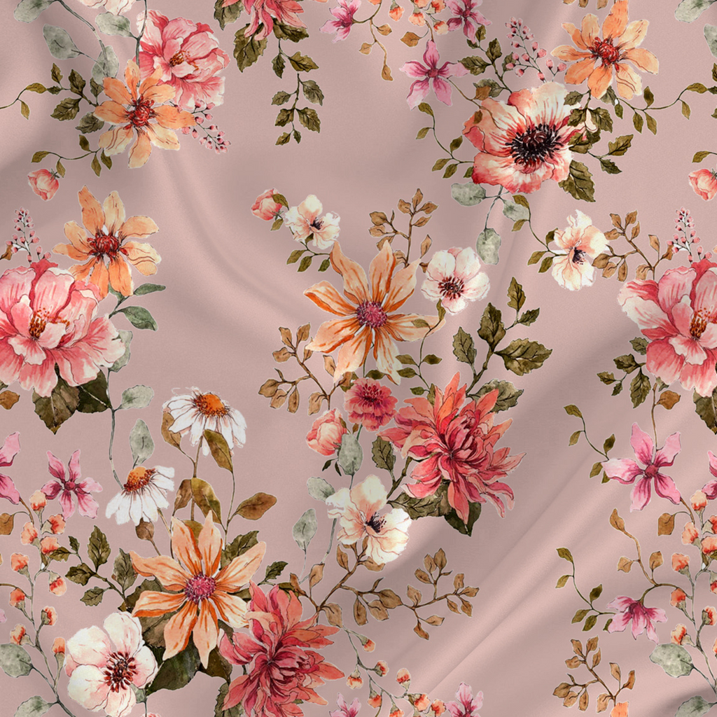 Floral Printed Fabric Material Floral Softy Satin Pink