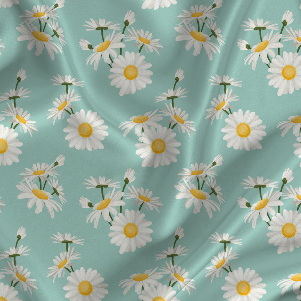 Daisy Floral Printed Fabric Material Floral Softy Satin Blue