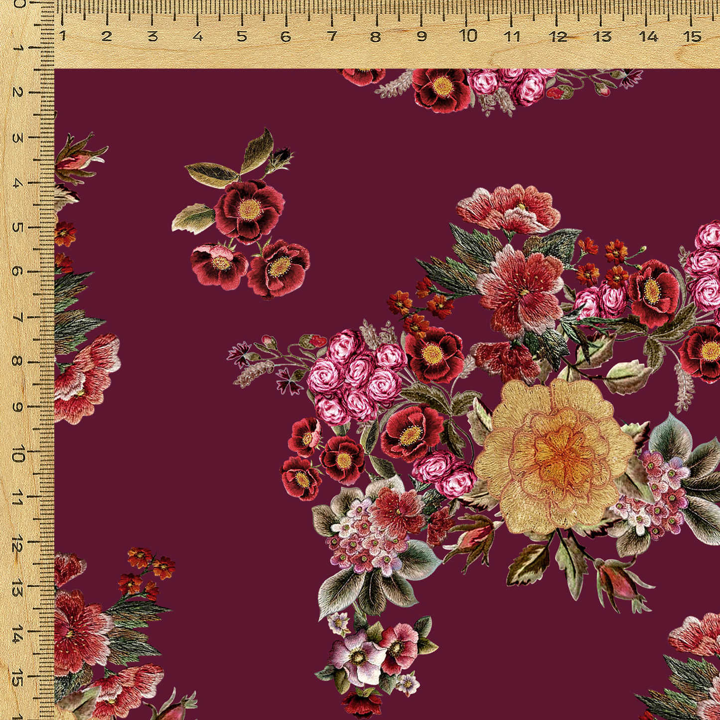 Floral Printed Fabric Material Floral Modal Satin Maroon