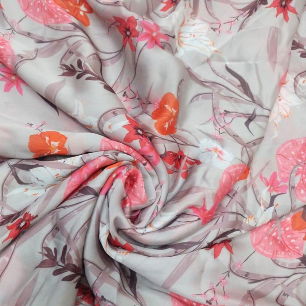 Ethereal Blossoms: OM Fabs' 100% Polyester Satin Georgette Floral Enchantment